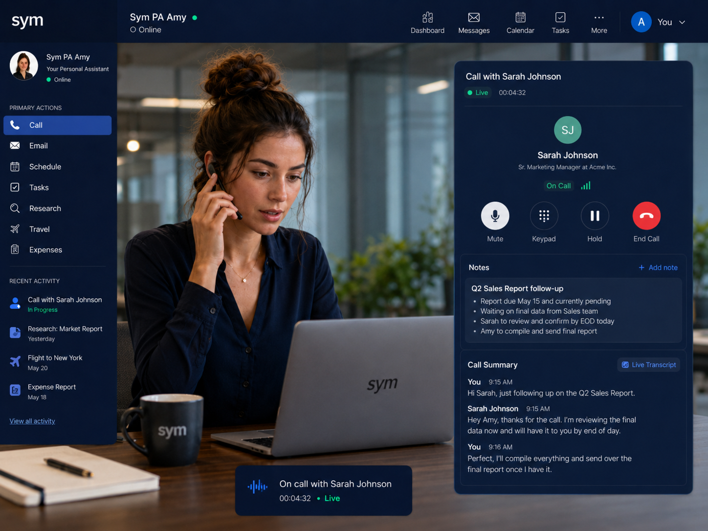 Woman with brown hair in a bun wearing headset and dark blue blouse talking on call using Sym-branded laptop with Sym interface showing call details and notes.